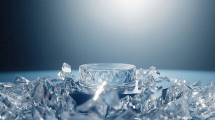 close up of empty diamond round cylinder pedestal display or podium platform   