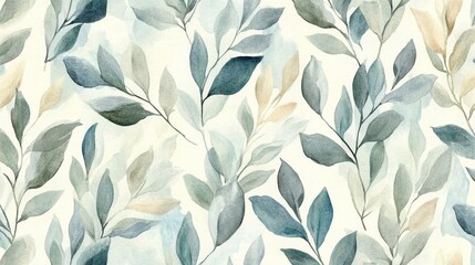 A seamless watercolor pattern of abstract plant motifs in gentle beige, soft green, and pale blue, ideal for modern, calm design schemes