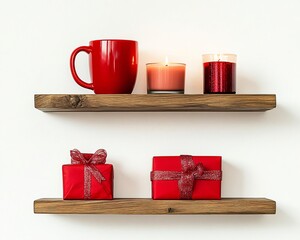 Cozy Winter Scene: Red Mug, Candles, and Gifts on Wooden Shelves