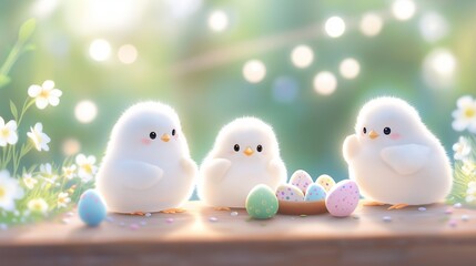 Three adorable fluffy chicks standing around pastel-colored Easter eggs on a wooden table, set against a soft-focus, sunny garden background. The scene radiates springtime joy and cuteness