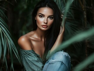 Beautiful brunette model posing in tropical vegetation