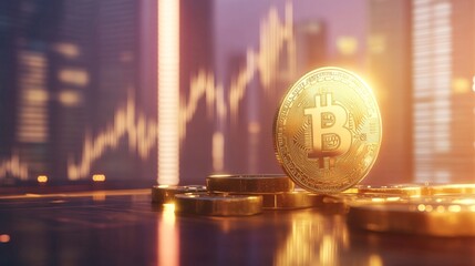 Fototapeta premium Bitcoin price surge cryptocurrency market trends global finance hub digital asset urban skyline close-up investment insights