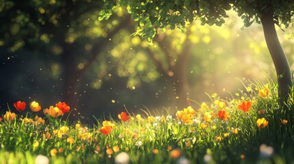 Fototapeta premium Vibrant spring flowers blooming in a sunlit meadow nature photography lush green environment captivating scene