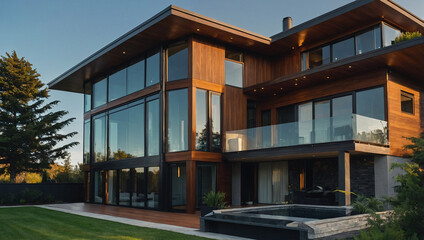 Fototapeta premium Contemporary, multi-level house with extensive glass windows and wood siding. Features a large patio area and an outdoor hot tub. Situated on a grassy lawn with trees in the background.