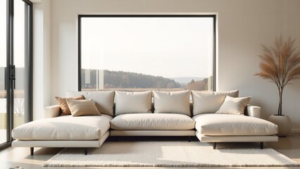 Modern Minimalist Living Room with Large Window and Cream Sofa