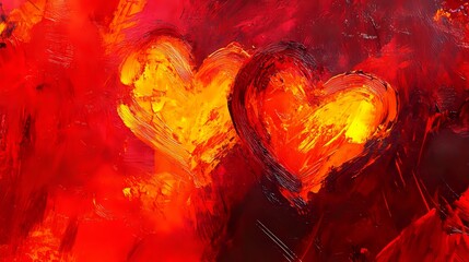 Vibrant crimson and orange Valentine abstract with dynamic brush strokes, glowing ember-like hearts and explosive passion in every detail