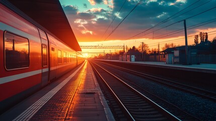 Fototapeta premium A train is sitting on the tracks at a station