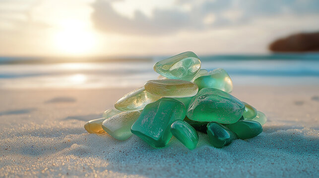 Colorful Glass Treasures on a Sunrise Beach. A captivating image of a stack of iridescent, teal-green glass pieces nestled on a sandy beach at sunrise.
