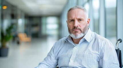 Serious mature man in wheelchair indoors.