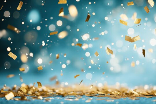 Festive new year background illustration shows golden confetti falling on teal blue bokeh background. Festive, celebratory atmosphere with golden glitter, bokeh lights. Party design with confetti