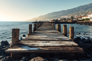 Fototapeta premium rustic,pier,extends,into,seat,Tenerife,village,old,wood,weathered,salt,sun,
