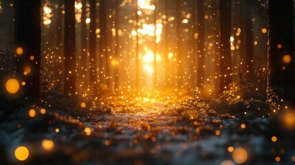 Naklejka premium Magical sunrise amidst enchanting forest with golden glow and ethereal lights