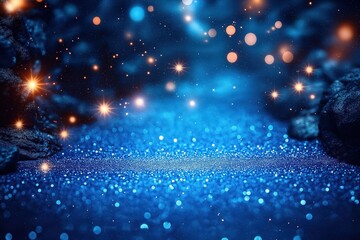 Abstract blue background with shimmering glitter, bokeh lights. Glamorous design. Festive atmosphere. Sparkling texture. No people present. Luxury, magical visual. Great for holiday celebrations.