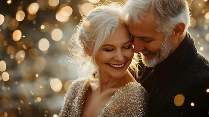 Senior Couple Celebrating New Year Embracing Festive Decorations Joyful Smiles Warmth Happiness Sparkling Lights