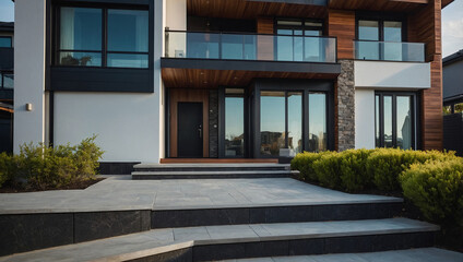 Fototapeta premium Modern home exterior featuring dark-framed windows, a stone and wood facade, a glass balcony, and multi-level stone steps leading to the entrance. Landscaping includes neatly trimmed shrubs.
