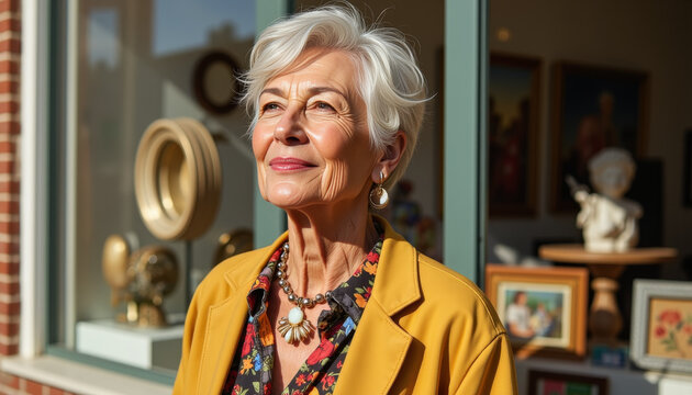Elegant senior woman in stylish street fashion enjoys a sunny day in the city, showcasing vibrant colors and artistic surroundings