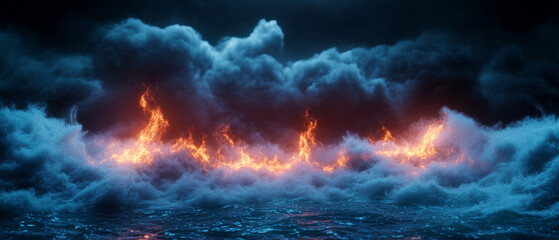 Fototapeta premium dramatic scene of turbulent ocean waves illuminated by fiery flames, creating striking contrast against dark stormy clouds