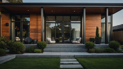 Modern house exterior with dark-framed windows and doors, wood siding, and stone steps leading to a patio.  Landscaping includes manicured bushes and lawn.  Evening light.