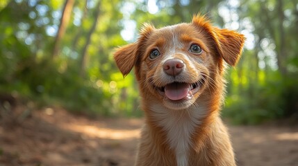 Obraz premium Happy puppy in forest walk with sunlight and greenery