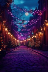 Festive Christmas street scene at night. Cobblestone path. Cozy street decorated with Christmas lights. Decorated Christmas trees line street. Stylish warm Christmas atmosphere. Festive ambiance.