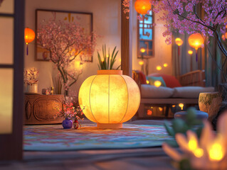 Obraz premium cozy interior with glowing lantern, cherry blossoms, and warm ambiance