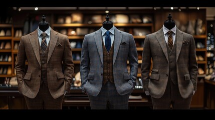 Stylish suits displayed on mannequins in boutique. Tailored classic tweed, plaid suits. Men fashion. Elegant menswear collection. Luxury shop interior. High-quality fabrics. Sophisticated design.