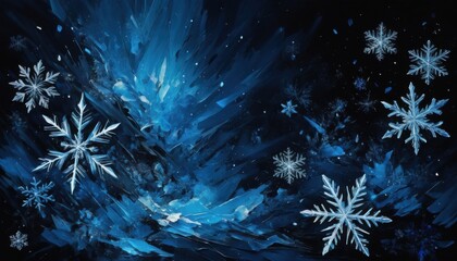 Fototapeta premium Illustration of white snowflakes over a vibrant blue and black abstract background evoking winter and creativity.