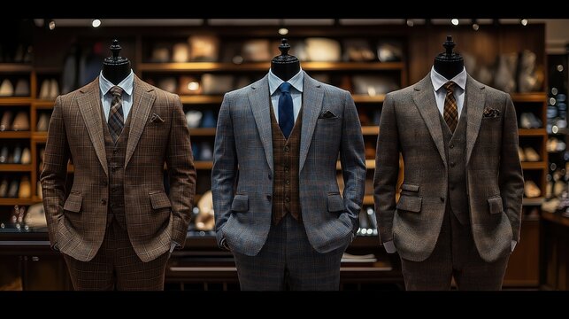 Naklejki Stylish suits displayed on mannequins in boutique. Tailored classic tweed, plaid suits. Men fashion. Elegant menswear collection. Luxury shop interior. High-quality fabrics. Sophisticated design.