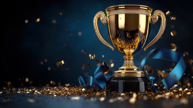 Golden trophy with blue ribbon surrounded by falling confetti on dark background