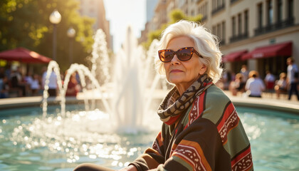 Stylish elder embraces sunny afternoon at urban fountain, showcasing modern street fashion and timeless elegance