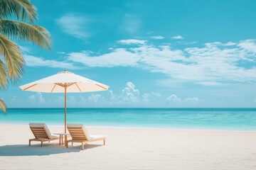 Fototapeta premium Empty beach scene with turquoise ocean, bright blue sky. White umbrella, two wooden beach chairs on white sand. Perfect for relaxation on sunny day. Tropical vacation destination with luxurious feel.
