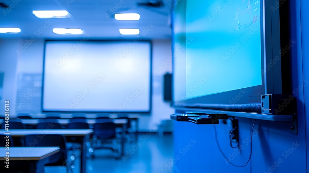 Poster Empty classroom with interactive whiteboard and projector screen.