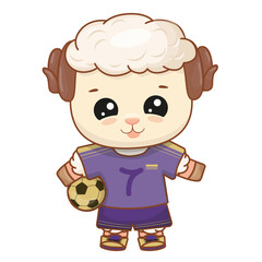 Funny lamb in a football player uniform stands and holds a football. Vector illustration for poster, greeting card and design for kids.