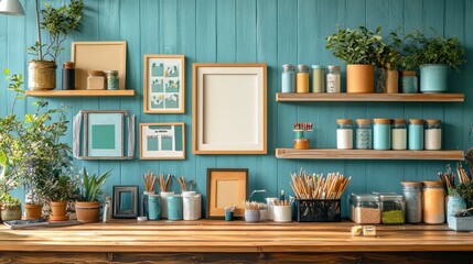 Craft station with various frames, paints, and craft supplies, inviting creativity and fun.