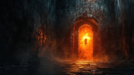 Fototapeta premium Darkened hallway with a glowing keyhole, evoking a sense of wonder and adventure.