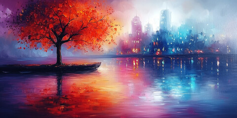  Serene Autumn Landscape with Vibrant City Reflection