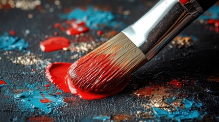 Fototapeta premium A close-up of a paintbrush resting on vibrant red paint against a textured background.