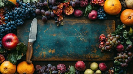 Detailed view of a cutting board with a sharp knife and vibrant produce, emphasizing culinary creativity.