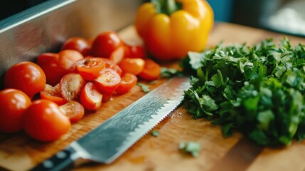 Detailed view of a cutting board with a sharp knife and vibrant produce, emphasizing culinary creativity.