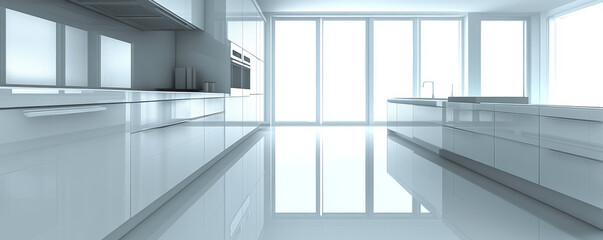 Obraz premium Modern sleek kitchen design with glossy surfaces and large windows