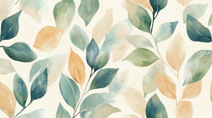 Nature-inspired leaf patterns botanical illustration watercolor art soft tones serene aesthetic for eco-friendly decor