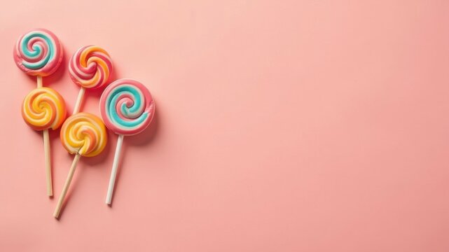 Flat lay of colorful sweet rainbow lollipops on pink peach background. Top view. Candy shops and confectionaries concept. Space for text oor logo