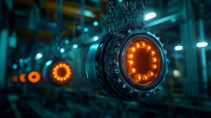 Fototapeta premium Dynamic industrial scene featuring illuminated machinery components