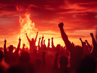 Fototapeta premium Fiery protest scene with raised fists against dramatic sunset backdrop