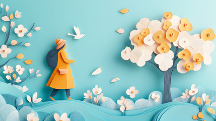 person walks through whimsical landscape of flowers and trees, enjoying nature beauty