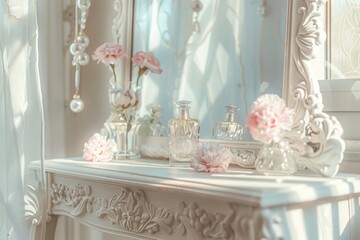 A white vanity table with perfume bottle and pink carnations on top, in front of an ornate mirror, in soft daylight