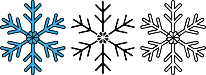 Three Simple Snowflake Designs Blue, Black, and Outline