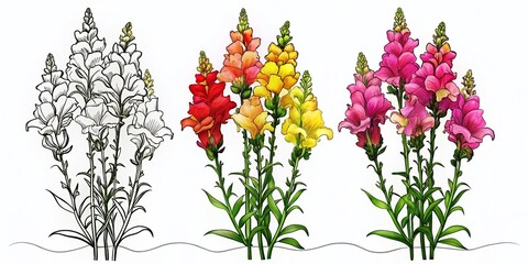 Cartoon Snapdragon Flower Silhouette Coloring Page - White Background