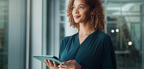 Happy woman, tablet or thinking at window for business, future or pride for career development....