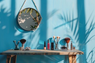 A wooden table with cosmetics and makeup accessories on it, a mirror hanging from the wall behind it, against an ombre blue background